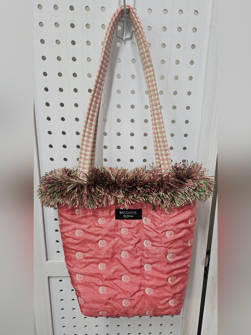 Bagolitas Coral Pink Polka Dot Tote Purse with Fringe Trim Fully Lined